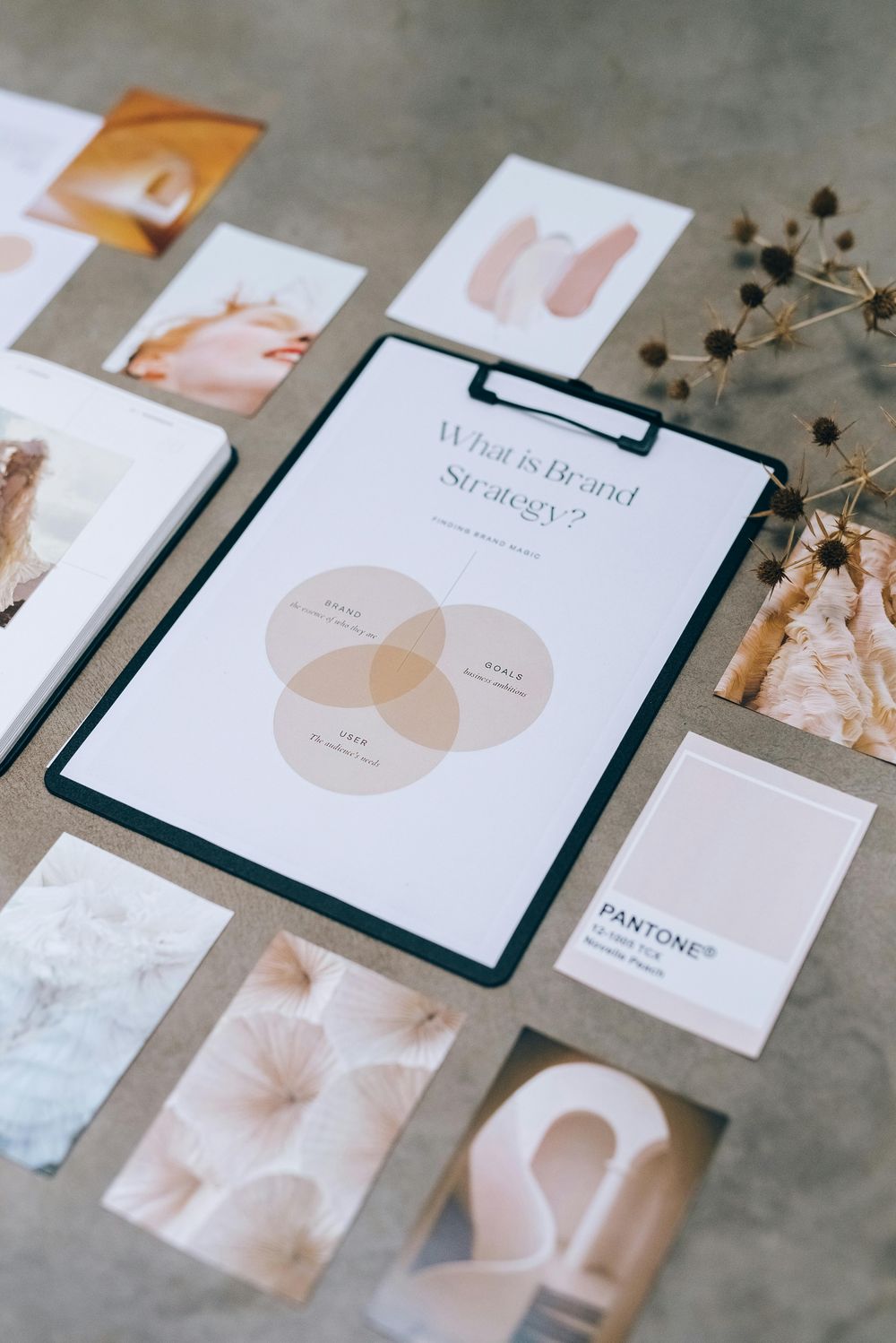 A designer laying out project work on a desk while building a portfolio